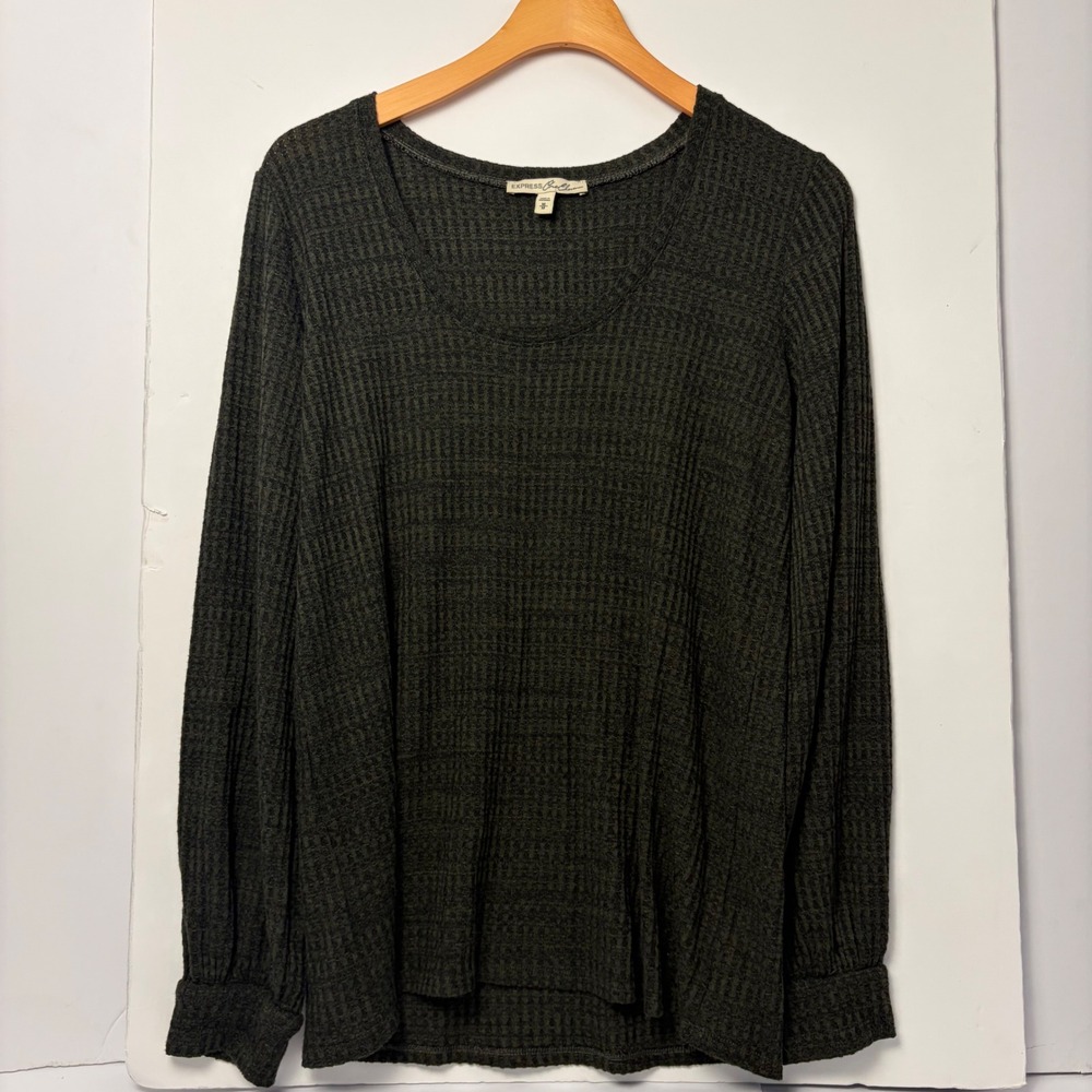 Express‎ One Eleven Womens Medium Olive Green Waffle Knit Scoop Neck Top